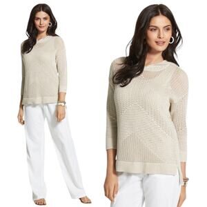 Zenergy by Chico's Rosie Pointelle Hooded Sweater MetallicTan Size 2/ L